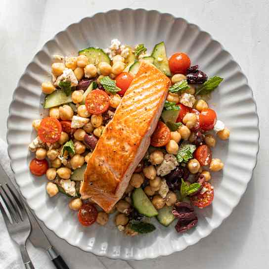 Pan-Seared Salmon with Mediterranean Chickpea Salad 